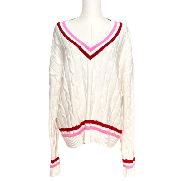 crown & ivy Sweaters - Crown Ivy NWT White w Red Pink Stripe V Neck Cable Knit Sweater XXL Preppy